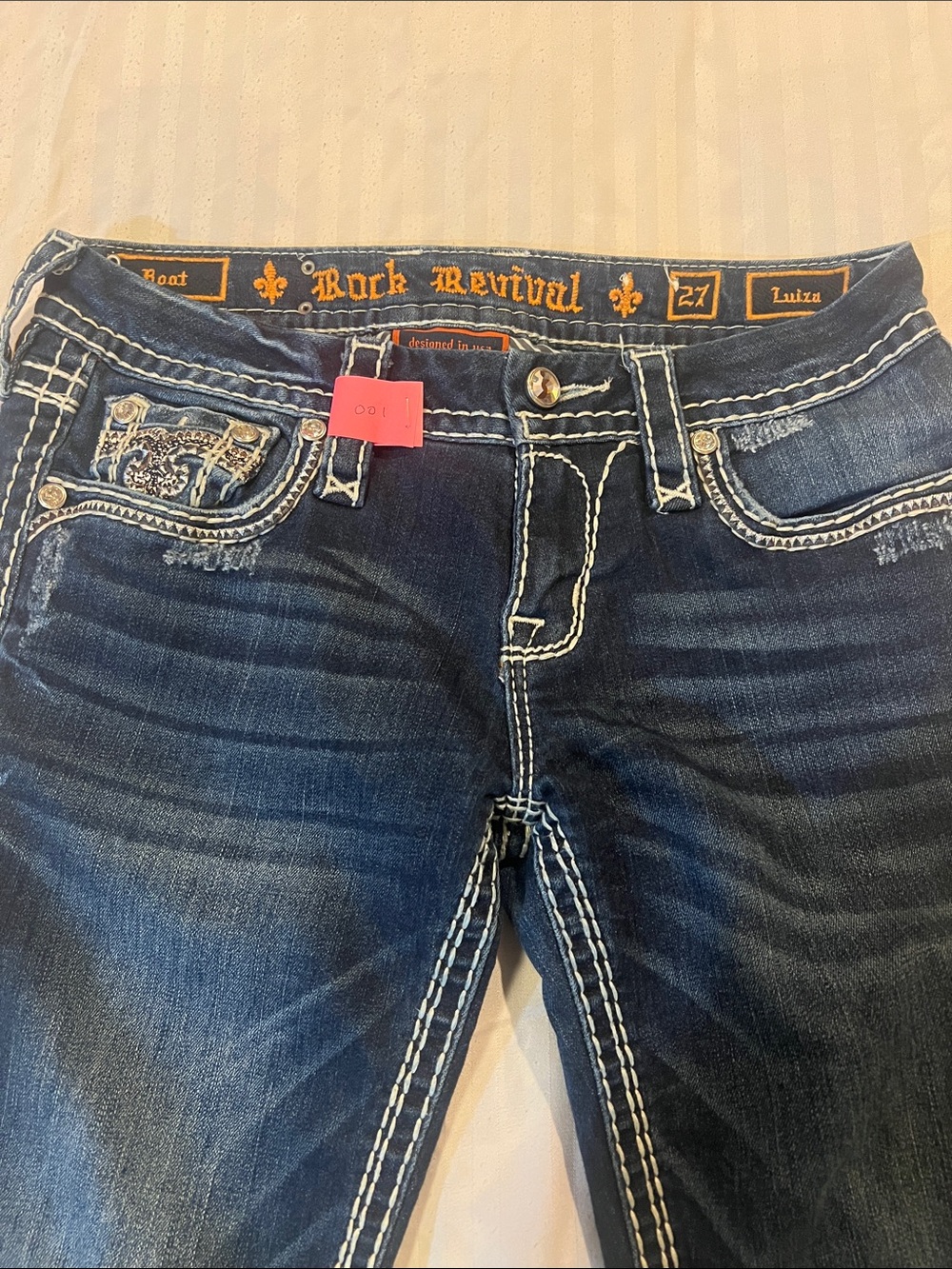 Rock Revival Dark Blue Boot Cut Jeans with White Contrast Stitching